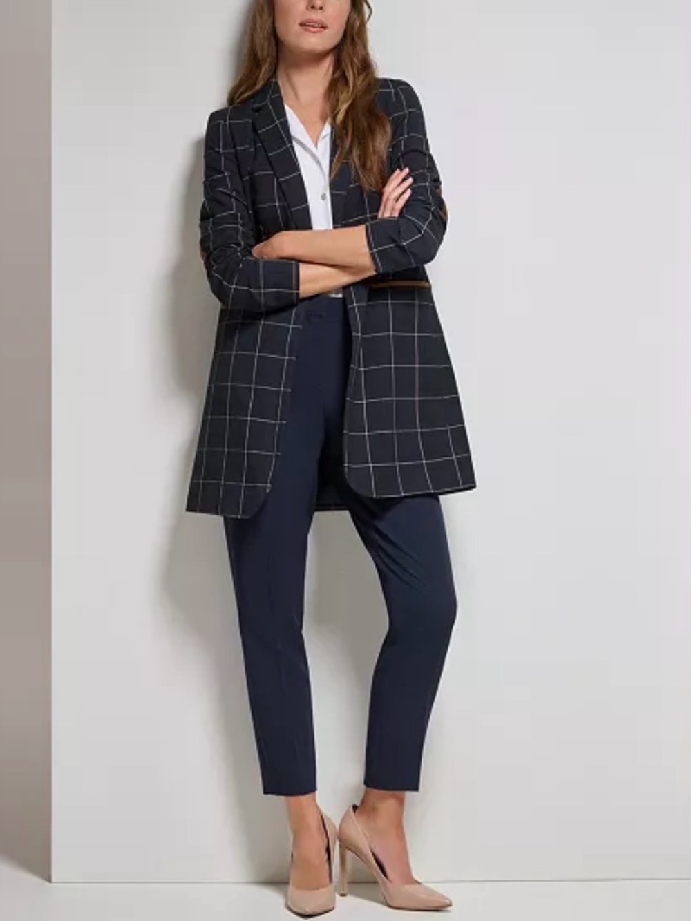 Tommy Hilfiger Navy Windowpane One-Button Longline Blazer 12